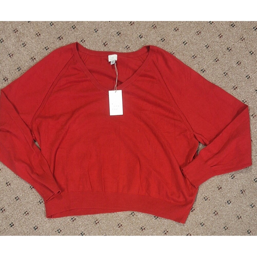 A New Day Womens V Neck Sweater XXL 2XL Red Fine Gauge Pullover Knit Top NWT